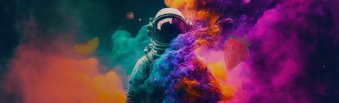 Astronaut with Freeze-Dried Fruit floating in a colorful cloud.