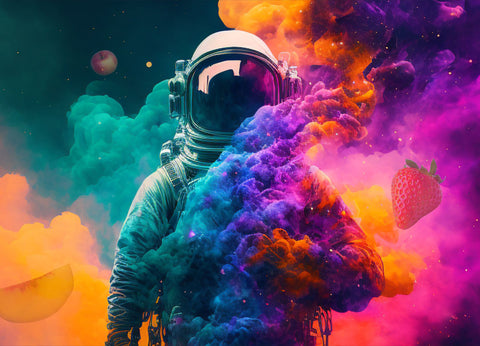 astronaut in colorful cloud with freeze dried floating fruit 