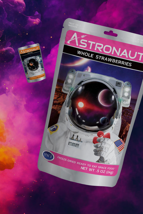 Astronaut Food Freeze-Dried Fruit floating in space featuring Whole Strawberries