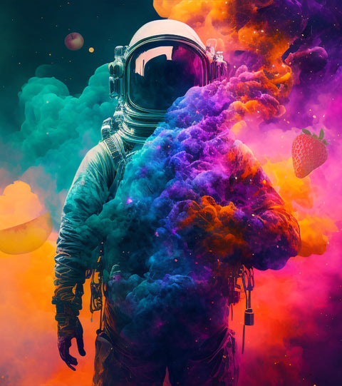Astronaut walking through a colorful dust cloud with fruit floating.