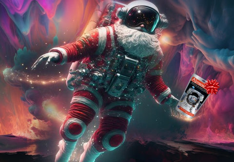 Santa floating in space with astronaut ice cream.